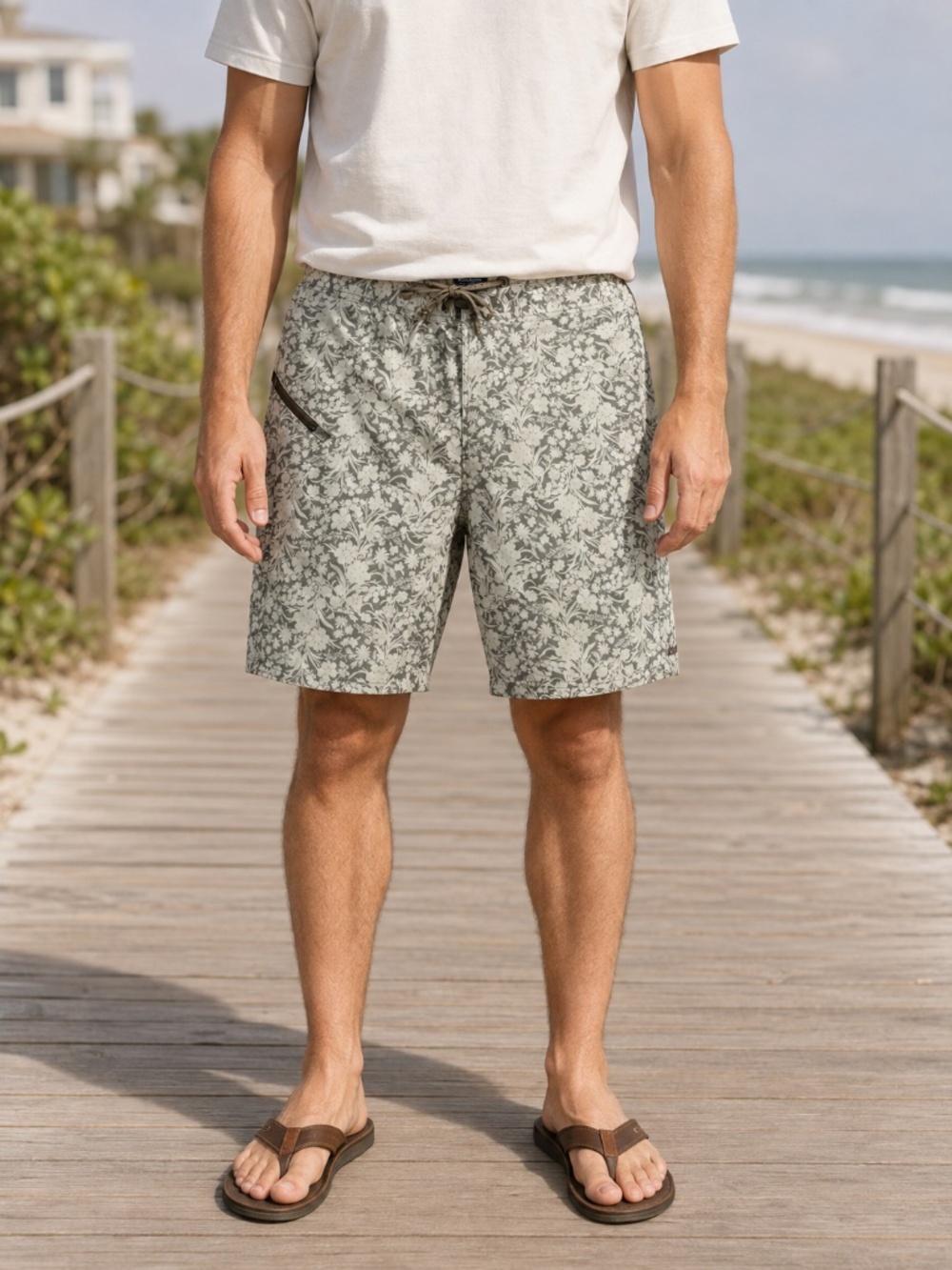 Patagonia Men’s Floral Board Shorts Gray Cream Zip Pocket Approx 34